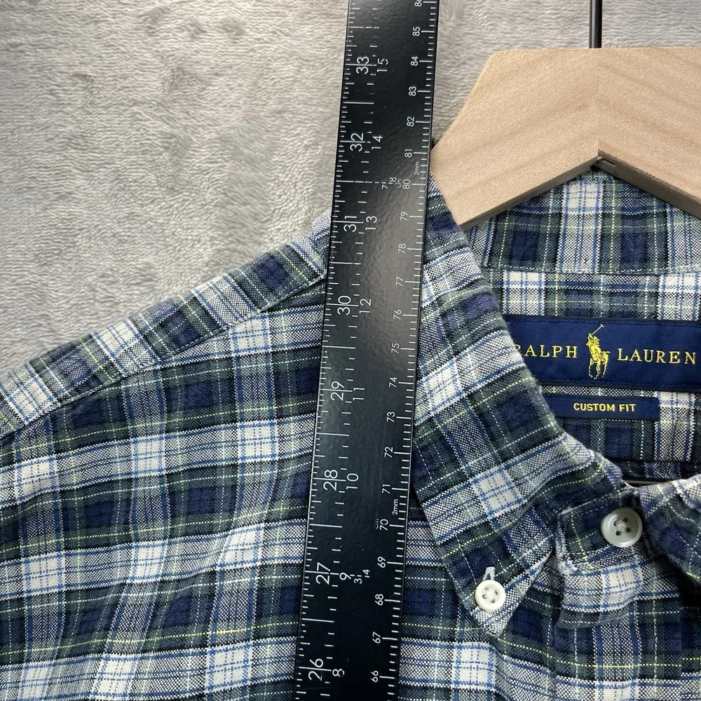 Ralph Lauren Shirt Mens XL Custom Fit Blue Green Plaid Button Down